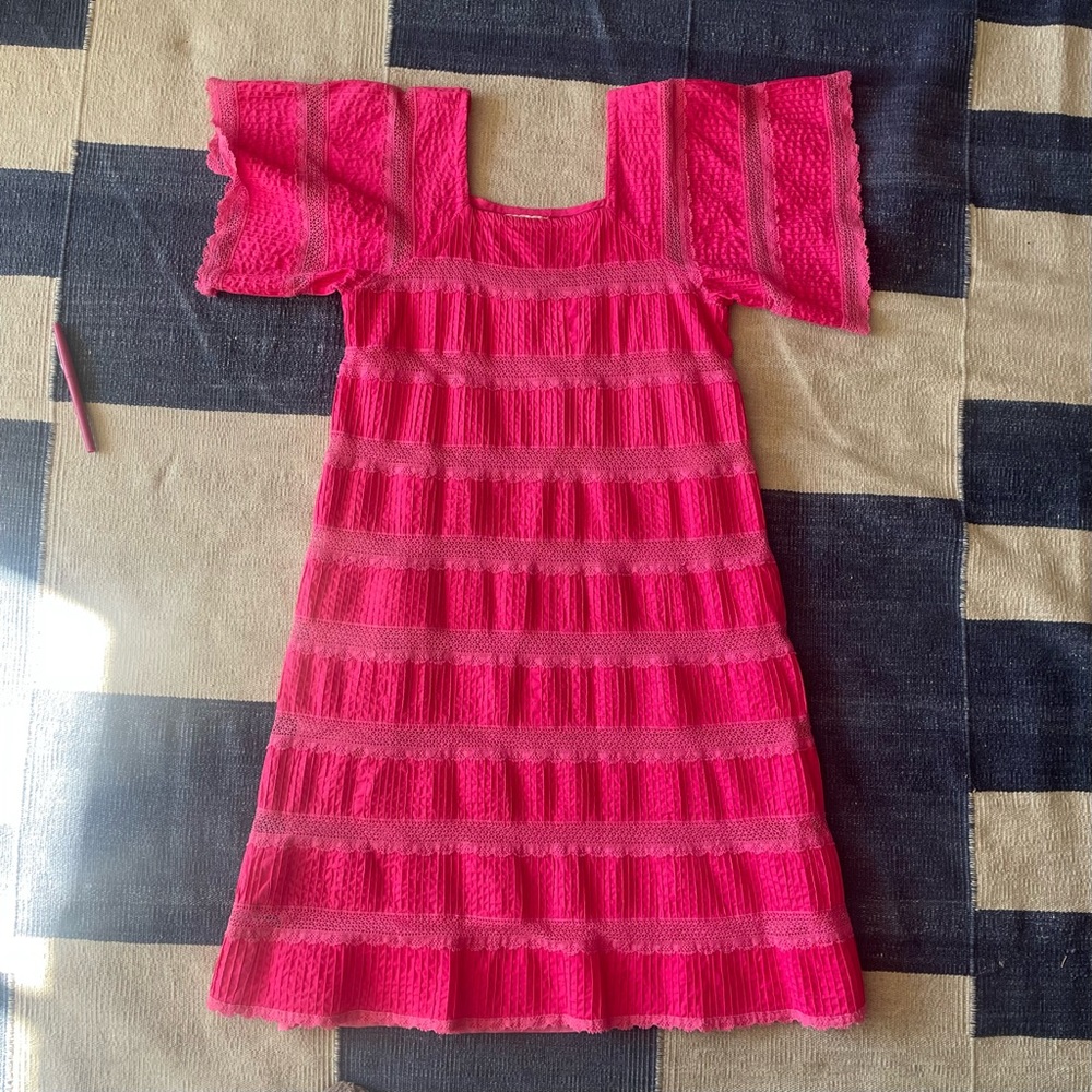 Vintage 60s 70s Mexican cotton pin tuck dress XS S pink boho peasant